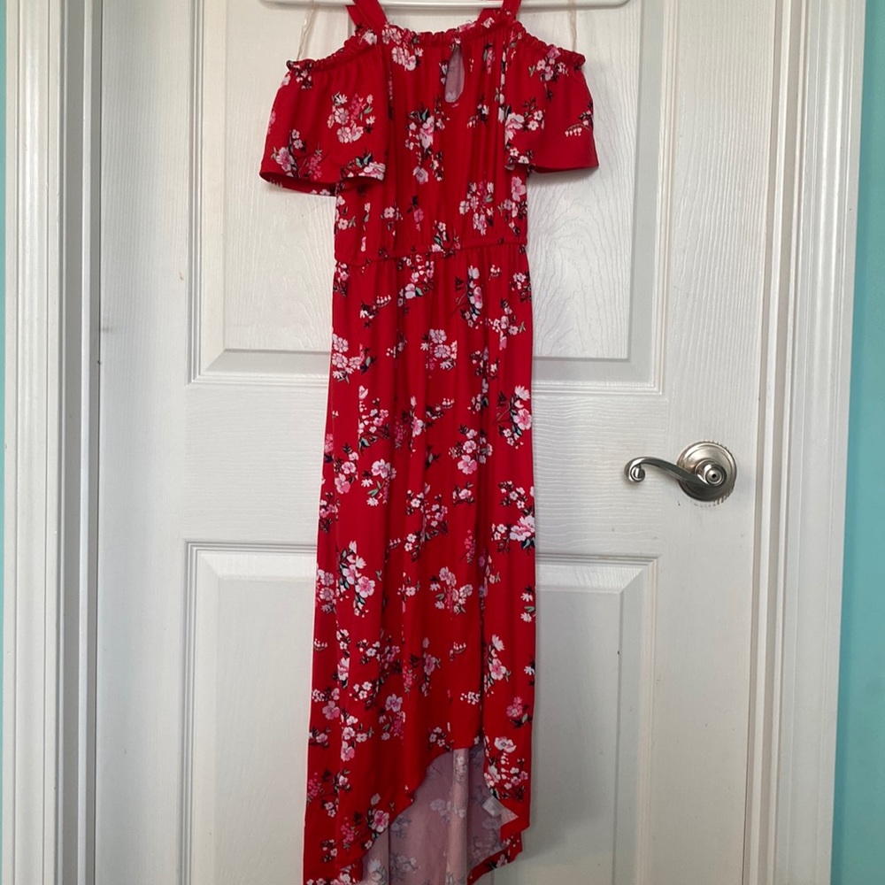 Half off the shoulder red floral dress